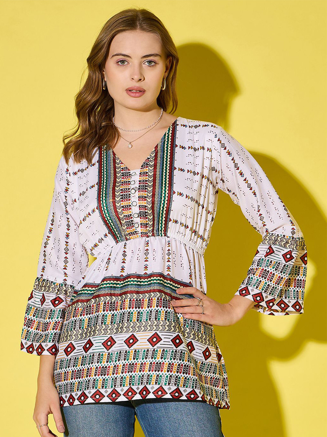 DIMPY GARMENTS Women Tribal Print Flared Sleeve Longline Top