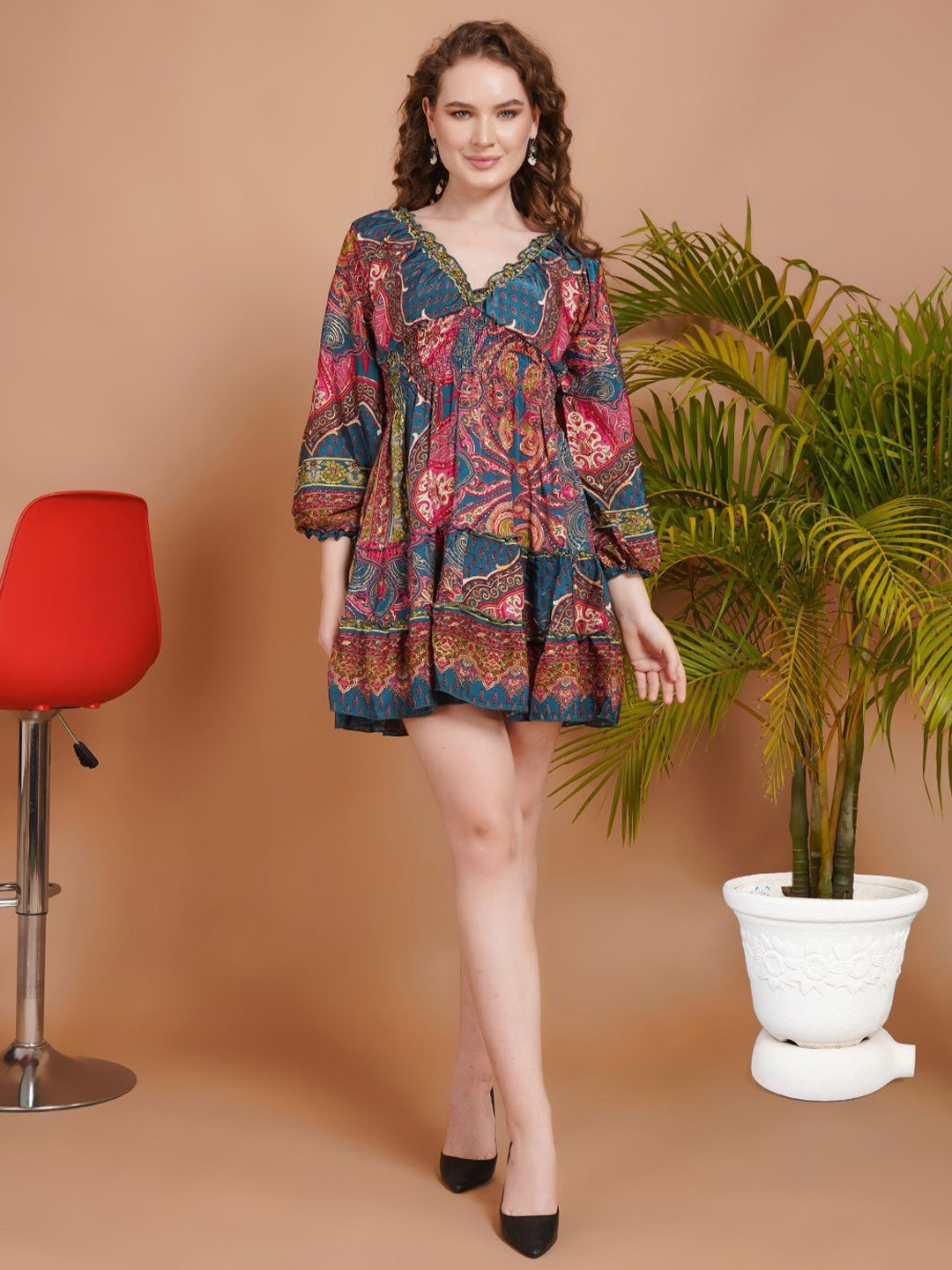 Boholyfe Women Celina Peacock Radiance Empire Mini Dress