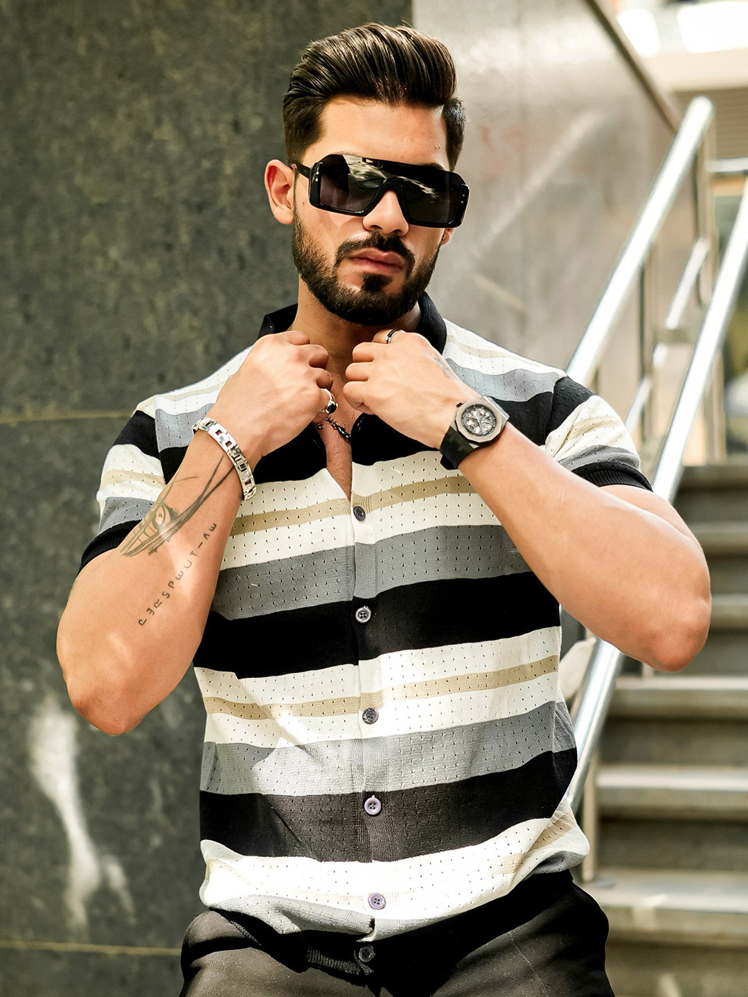 GRITSTONES Men Black Self Design Crochet Shirt