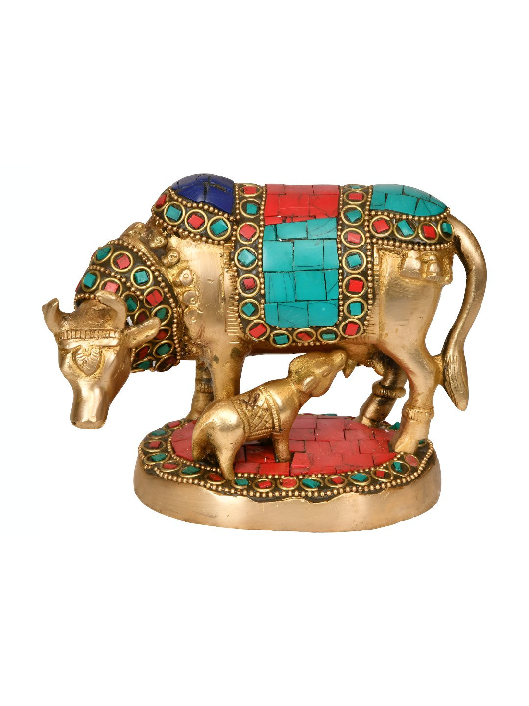 Exotic India Cow and Calf Gold Brass Metallic Living Room Small Showpiece - 4 Inches