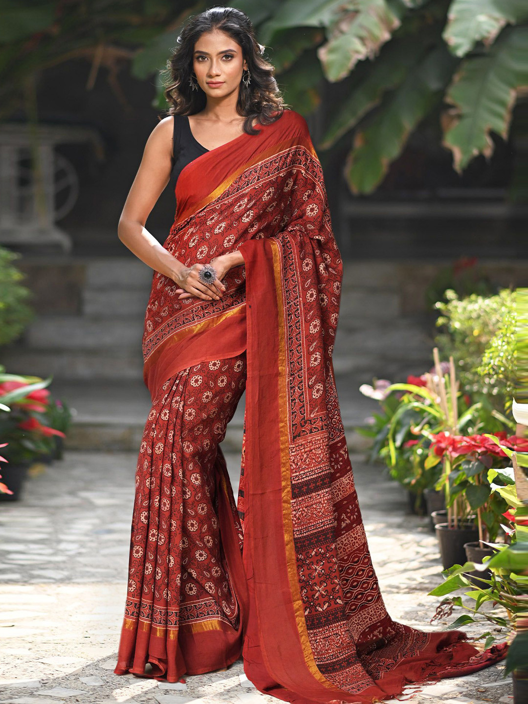 Unnati Silks Floral Printed Zari Soft Silk Ajrakh Block Print Saree