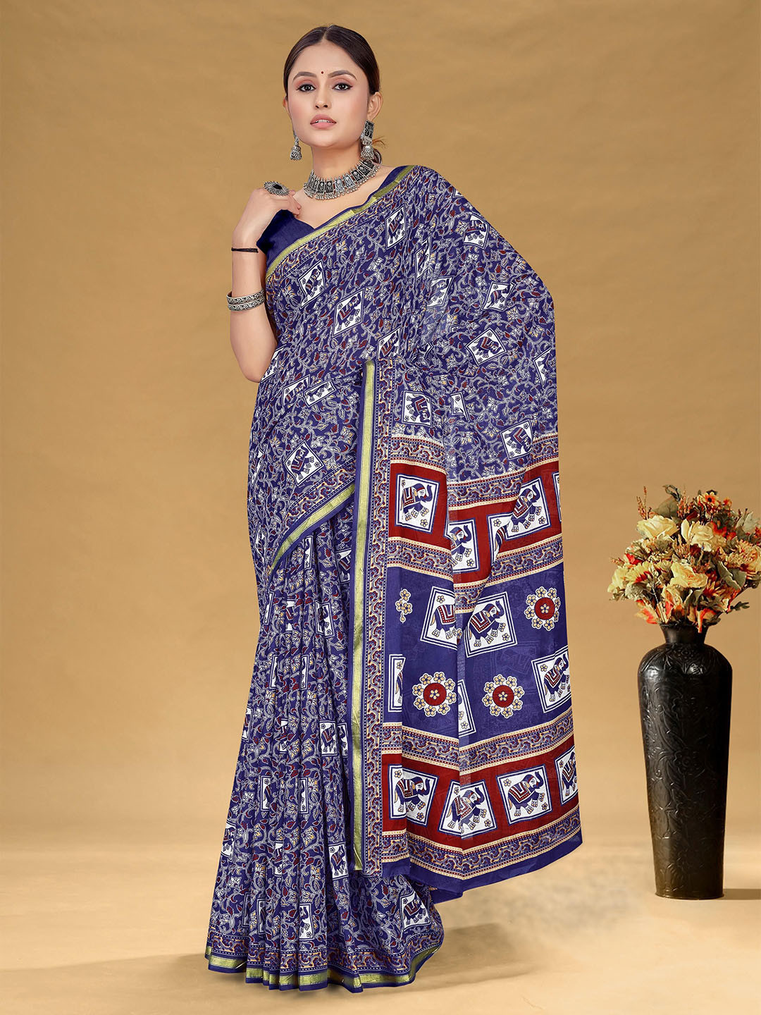 Panzora Ethnic Motifs Printed Zari Pure Cotton Bagru Saree