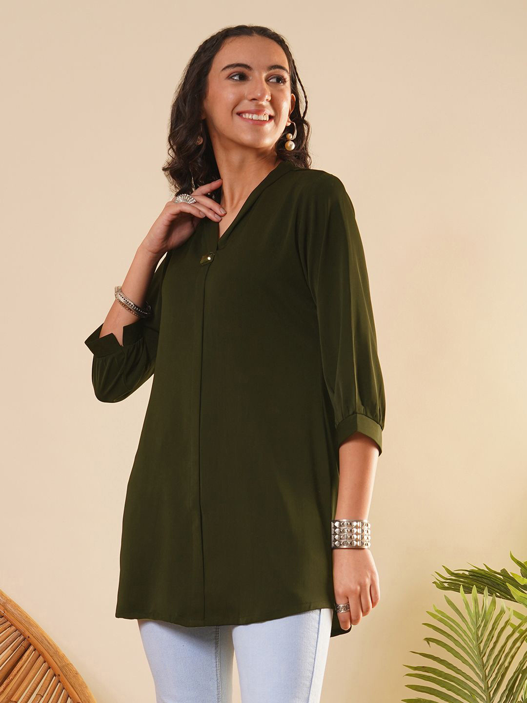 ZOLA Women Exclusive V Neckline Rayon Solid Olive  Straight Tunic