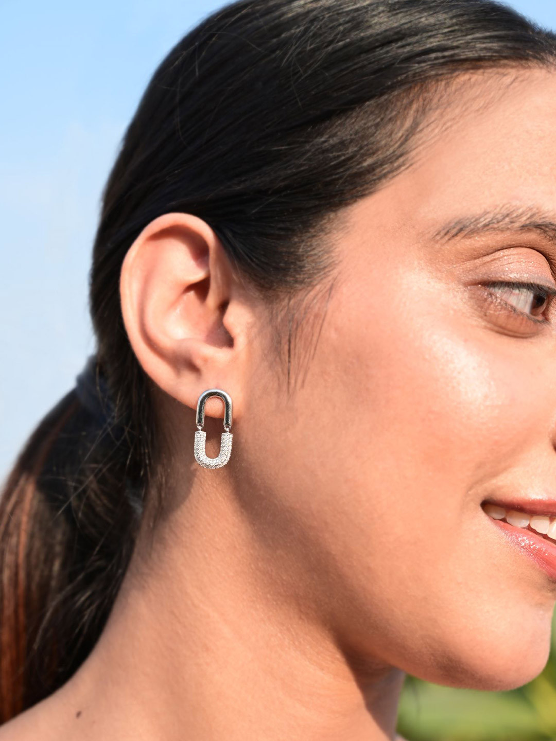 Twenty One Jewels Sterling Silver Rhodium-Plated Zircon Studded Contemporary Drop Earrings