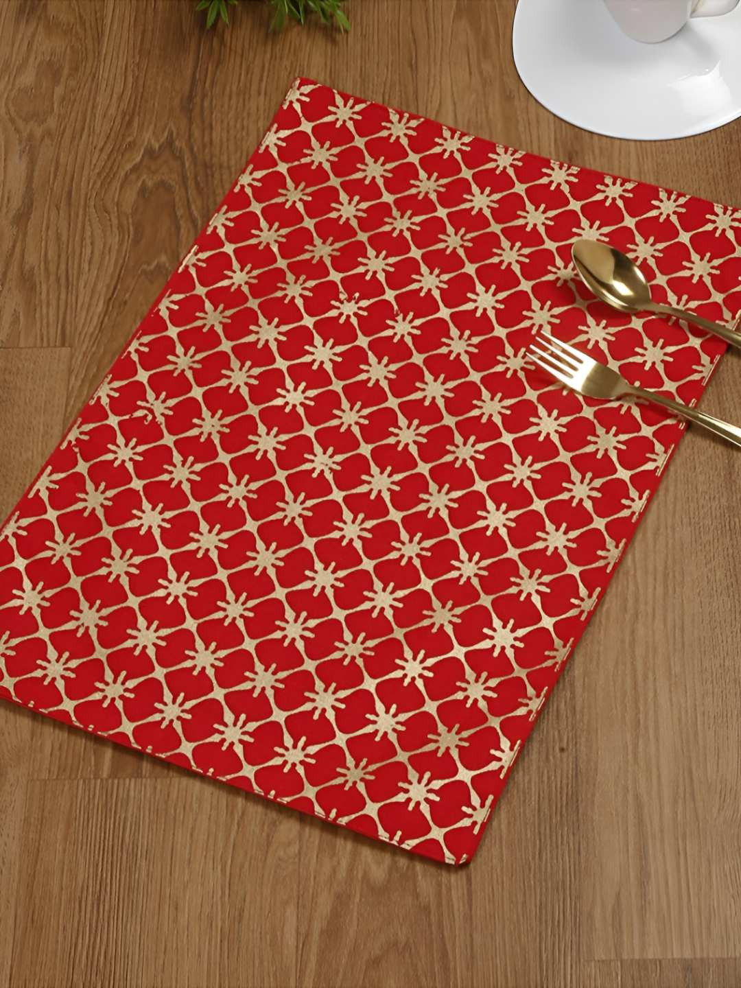 4-Pcs Red & Beige Printed Cotton Rectangle Table Placemats