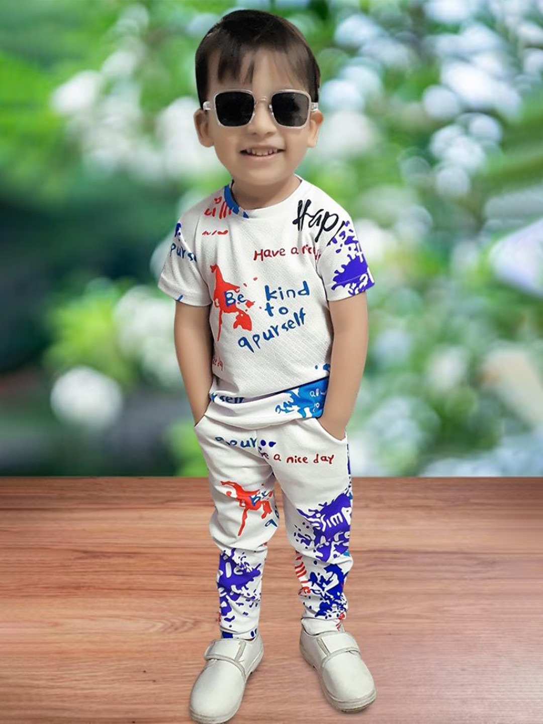 purple sky Kids Printed Round Neck T-Shirt With Trouser