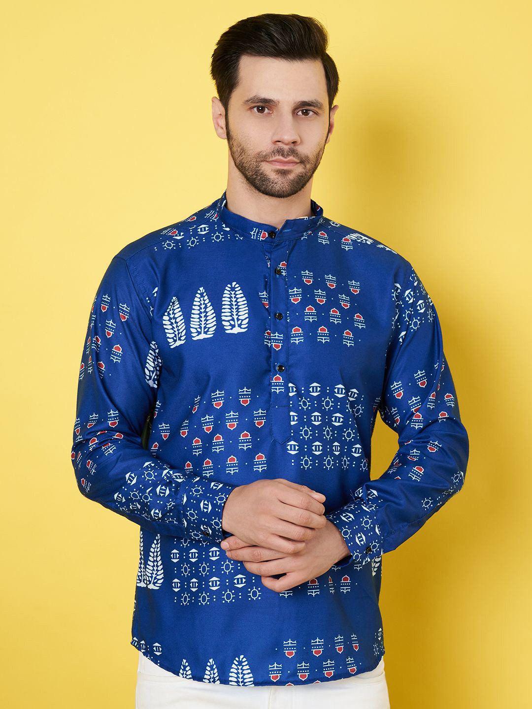 VS MALL Men Classic Geometric Printed Regular Fit Mandarin Collar Shirt