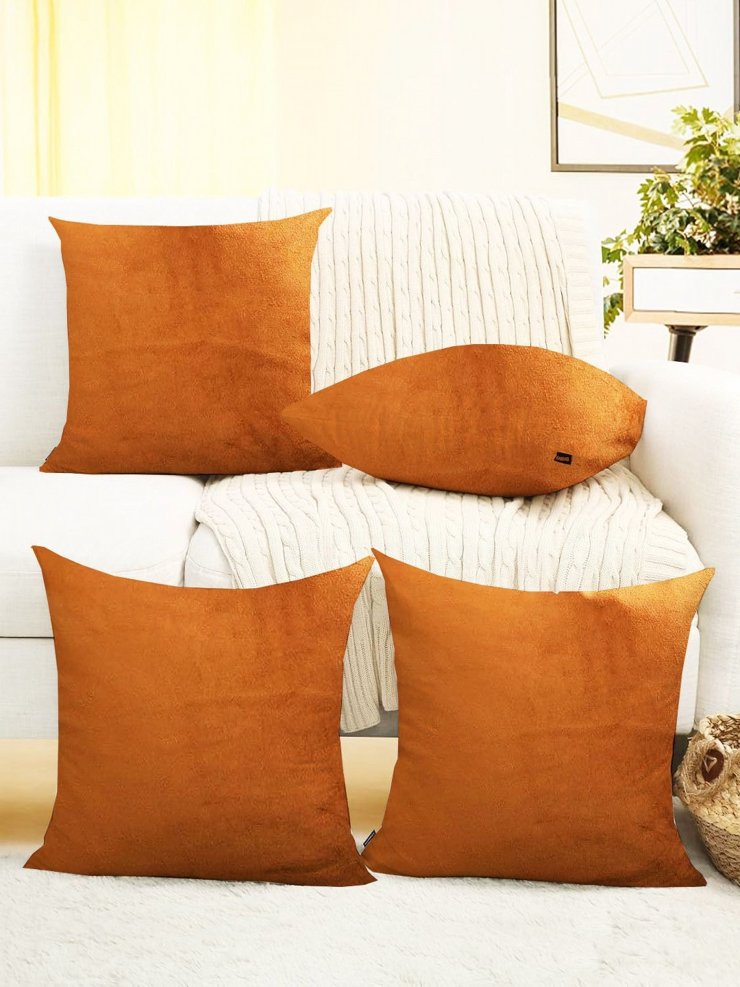 IVAZA Orange Velvet Reversible 4 Piece Square Cushion Covers - 11.8 x 11.8 Inches