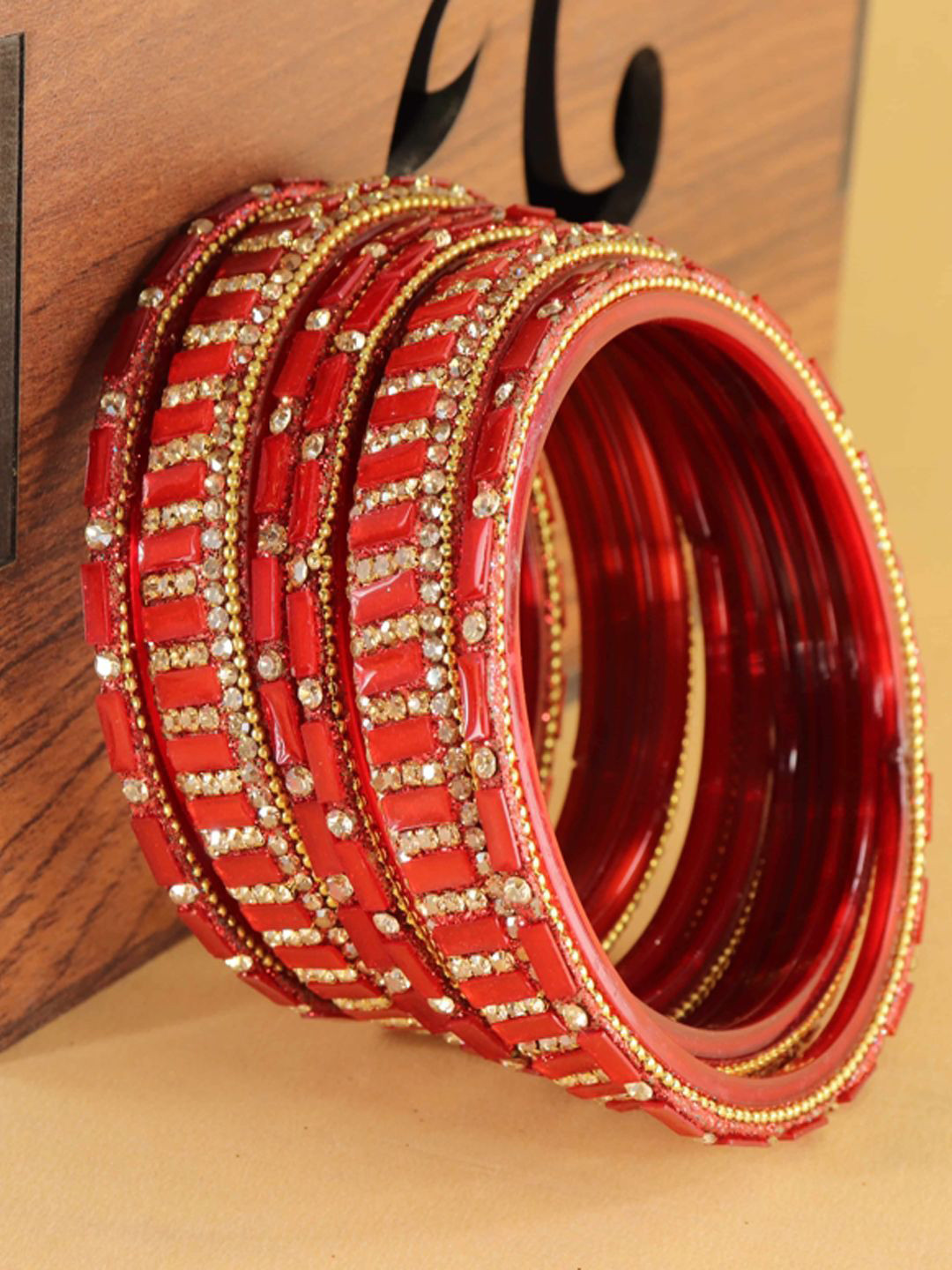 ZULKA Set Of 6 Zircon Diamonds Studded & Beaded GlassBangles