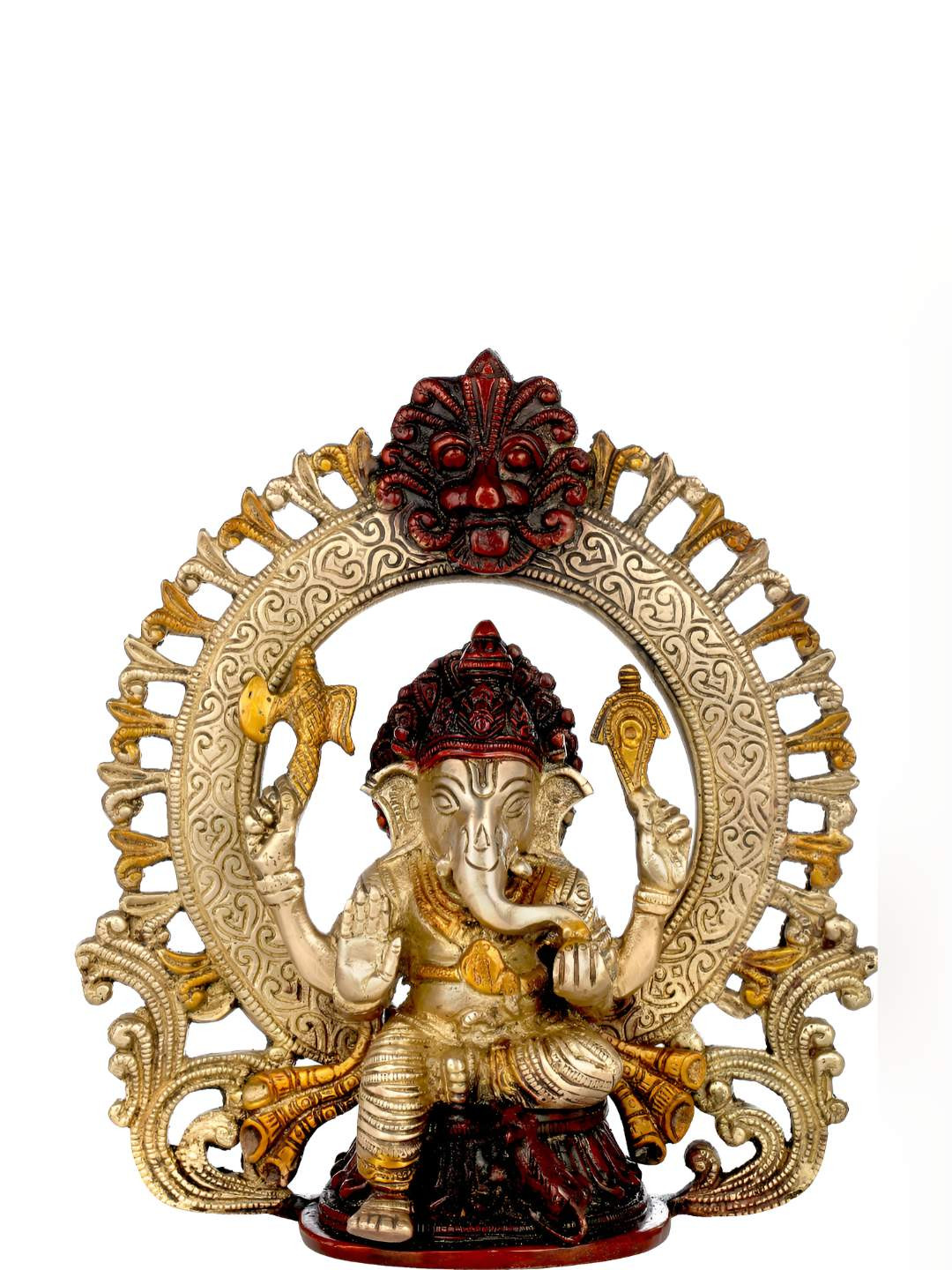 Exotic India Seated Ganesha within A Kirtimukha Prabhavali Gold Brass Metallic Prayer Room Small Showpiece - 8.9 Inches