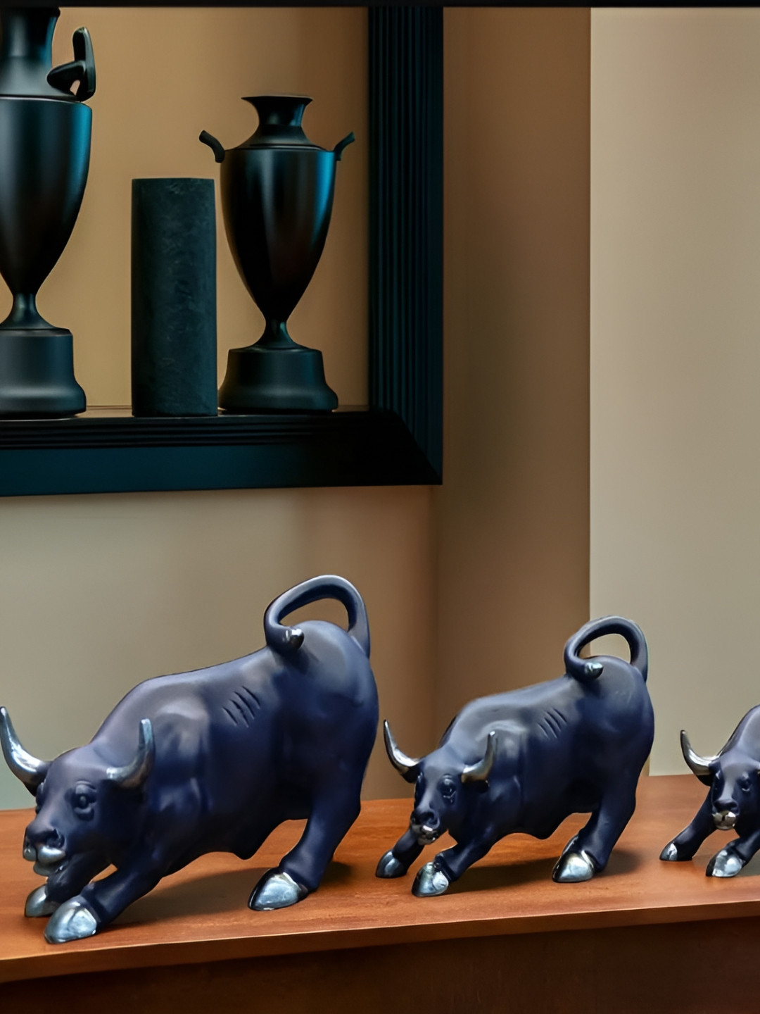 SANKALAN CREATIONS Bull Blue Polyresin Matte Living Room Set of 3 Medium Showpieces - 5.5 Inches