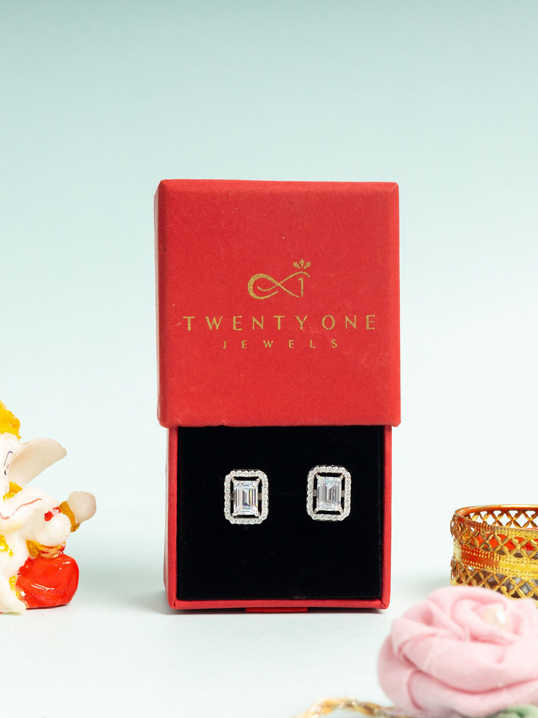 Twenty One Jewels 925 Sterling Silver Rhodium-Plated Zircon Square Shaped Studs Earrings