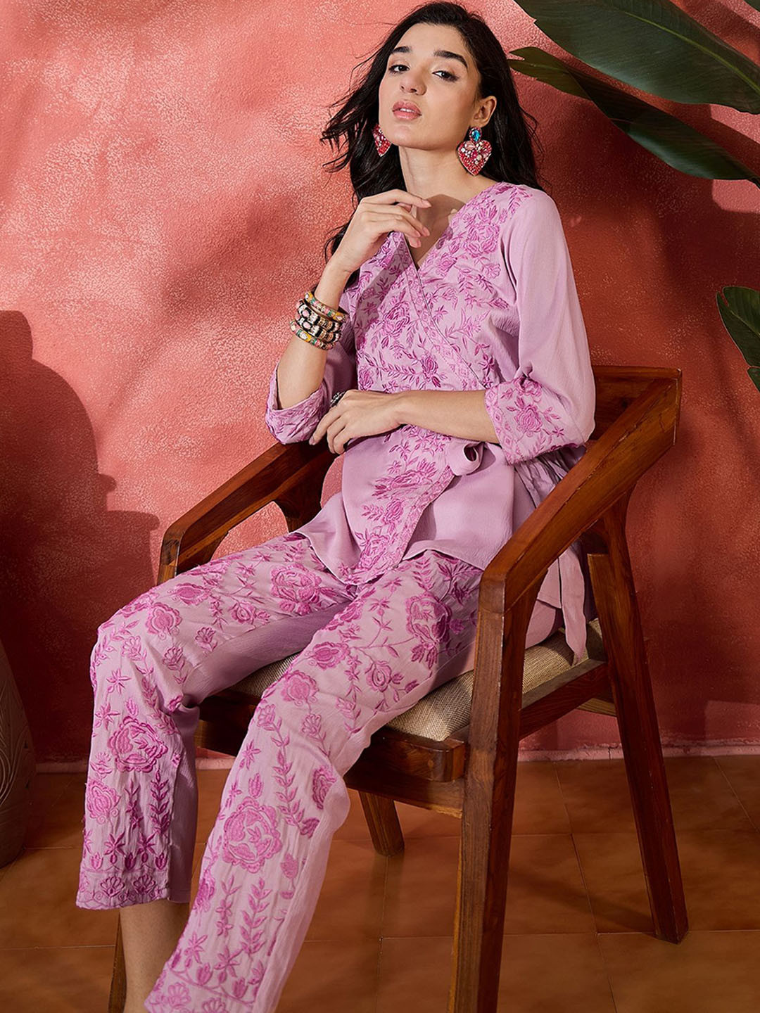 Sangria Floral Embroidery Overlapping Tie Up Style Tunic & Trousers Co-Ords