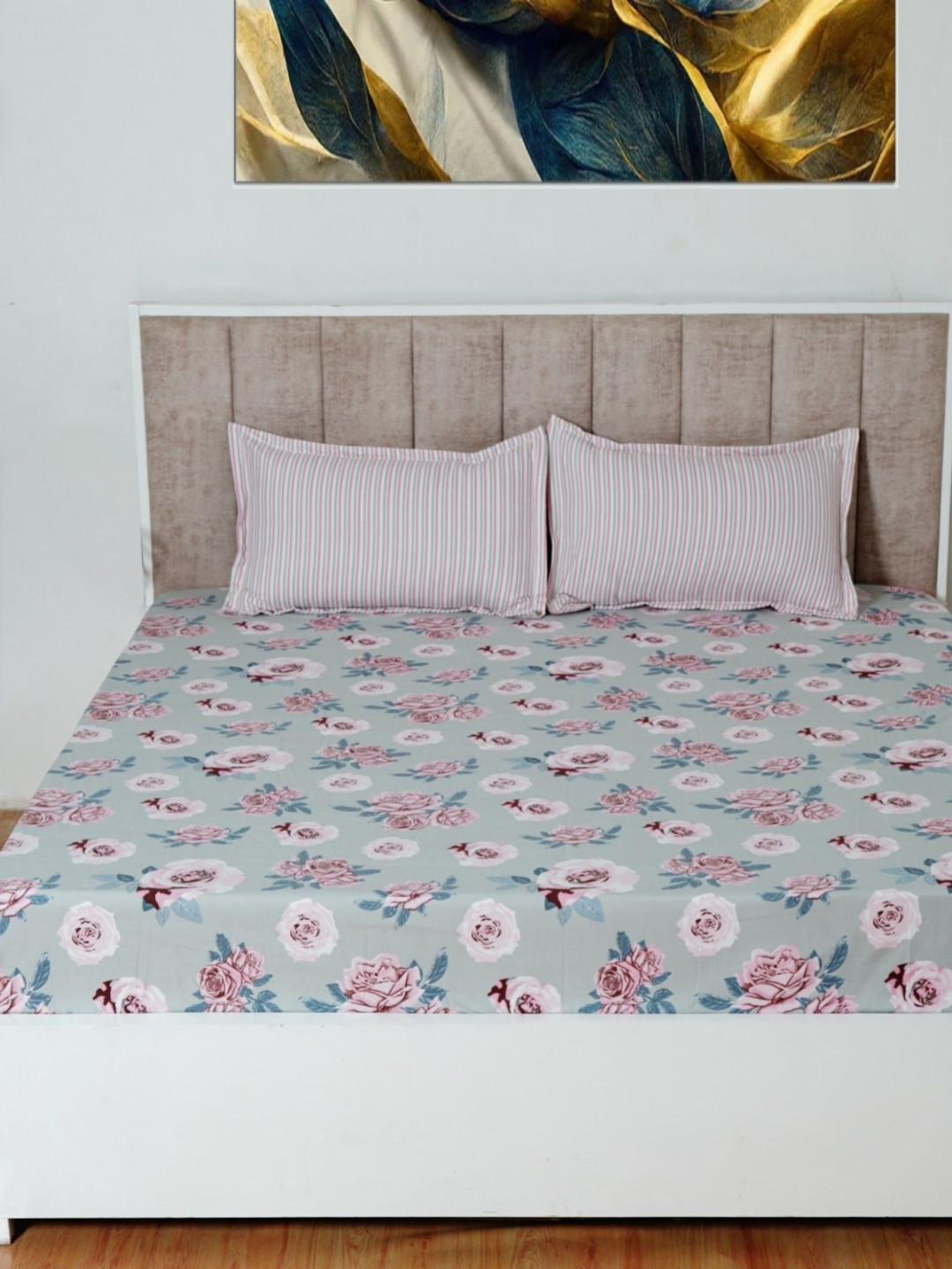BEDROSE Grey Melange & Pink Floral 144 TC King Bedsheet with 2 Pillow Covers