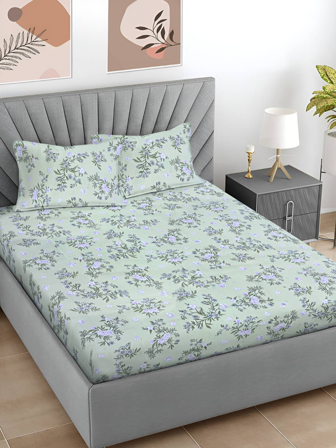 Myntra Elegant Homes Green Floral Polycotton Breathable 300 TC Super King Fine Bedsheet with 2 Pillow Covers-106 x 106 inches