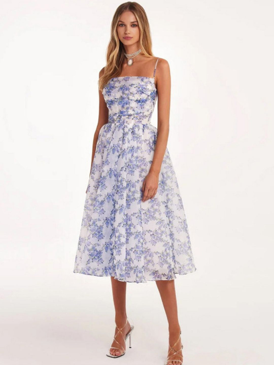 bebe Floral Print Sweetheart Neck Tie Shoulder Fit & Flare Midi Dress