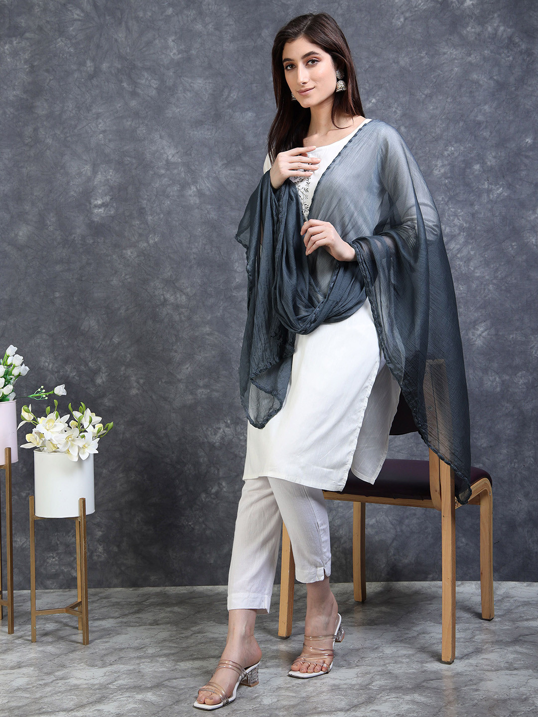 MIRAAN Woven Design Border Chiffon Dupatta