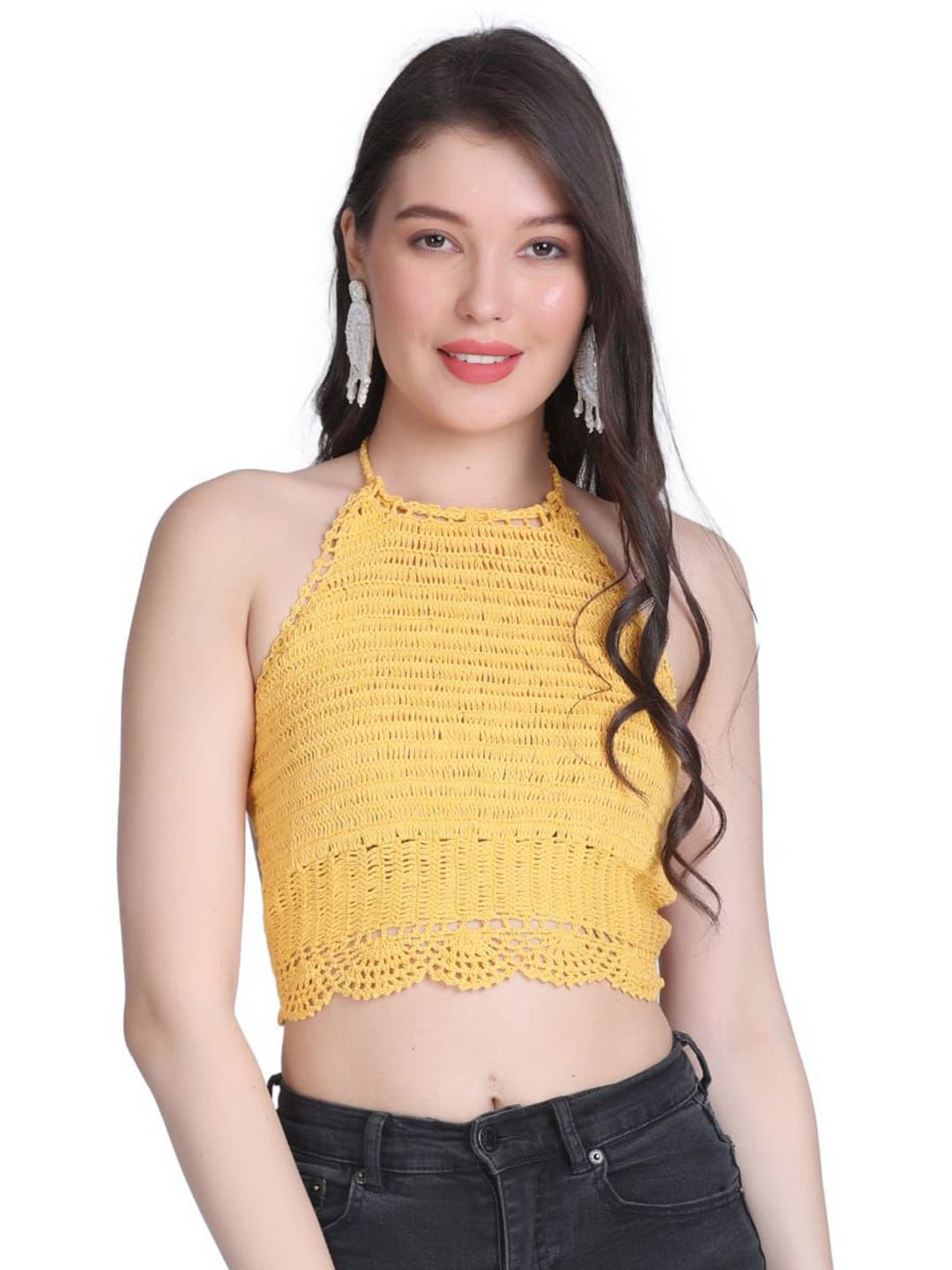 NYCRA Women Yellow Halter Neck Crochet Crop Top