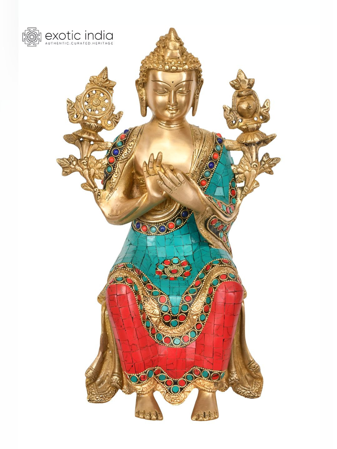 Exotic India Tibetan Buddhist Deity Maitreya Buddha Gold Brass Metallic Prayer Room Medium Showpiece - 14 Inches