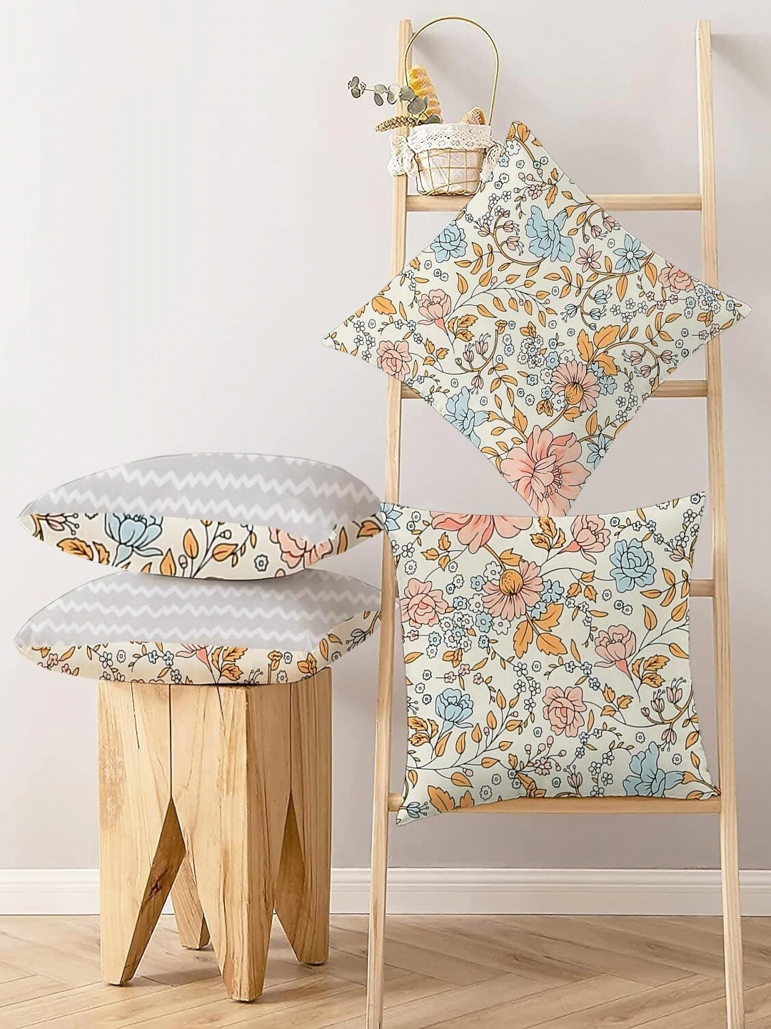 IVAZA Pink Floral Cotton Double-Sided 4 Piece Square Cushion Covers - 23.6 x 23.6 Inches