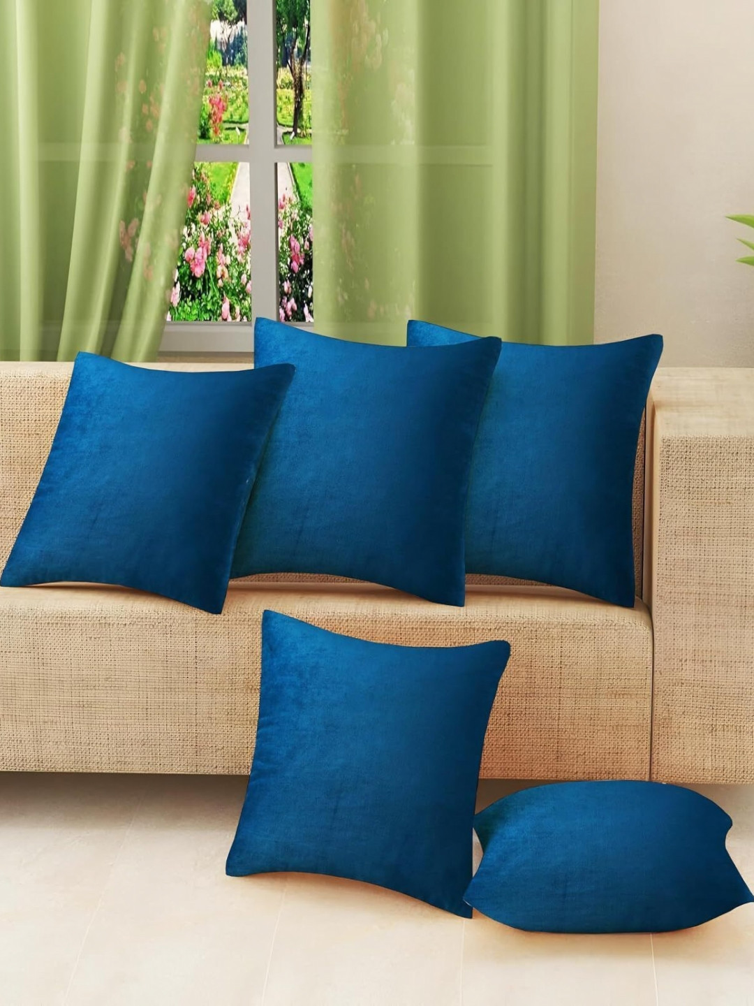 IVAZA Blue Polyester Silk Reversible 5 Piece Square Cushion Covers -12x12In