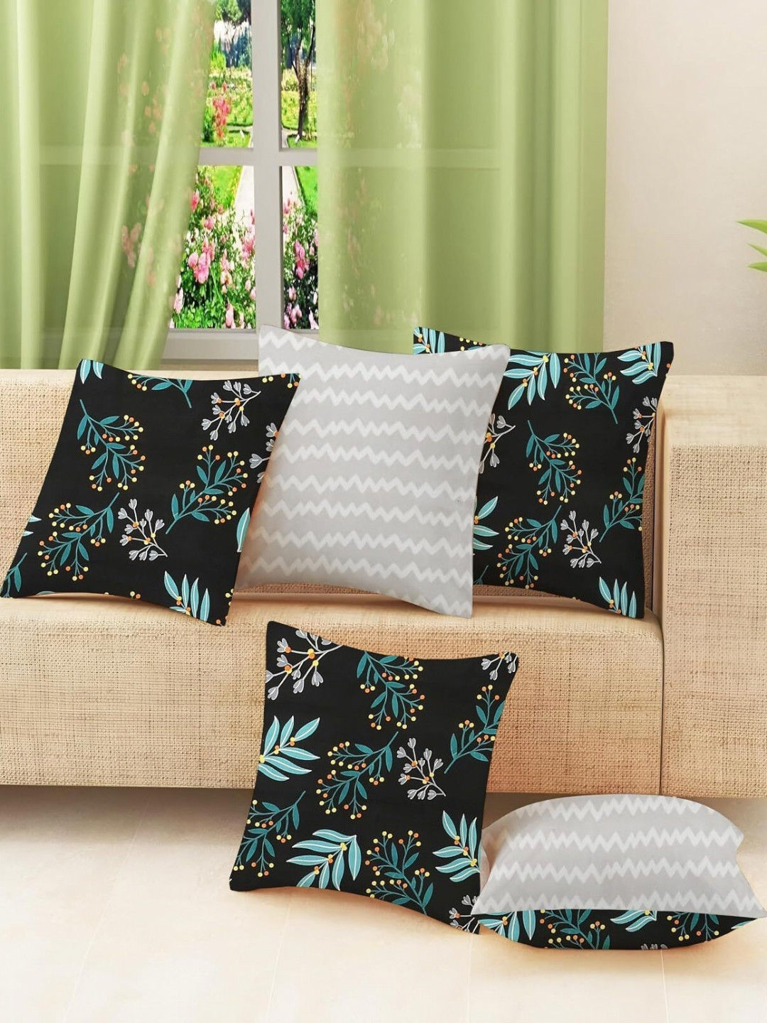 IVAZA Black Floral Cotton Lightweight 5 Piece Square Cushion Covers -24x24In