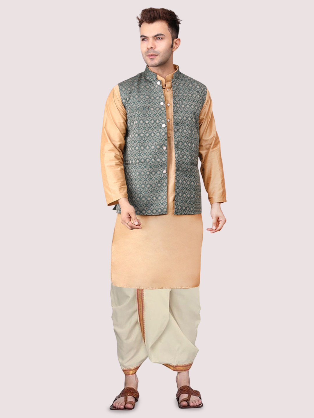 ADARNIYA Geometric Woven Design Straight Kurta With Dhoti Pants & Nehru Jacket