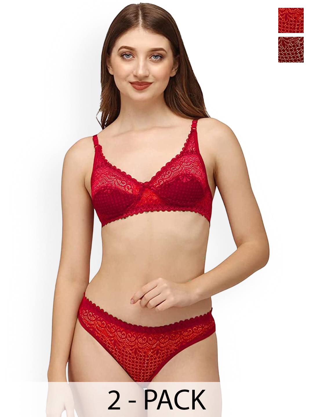 DHANDAI FASHION 2-Pcs Self Design Lingerie Sets Decent Set-Maroon Red (M-1-2P)