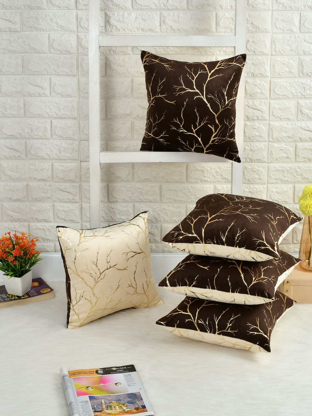 IVAZA Cream-Coloured & Brown Set of 5 Abstract Velvet Square Cushion Covers