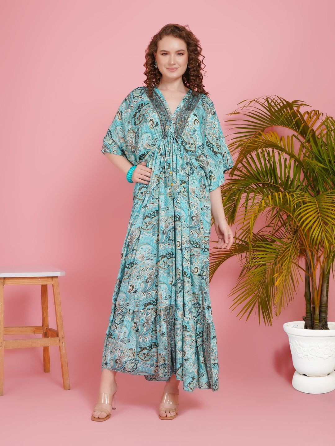 Boholyfe Women Blue Breeze Floral Print Kimono Sleeve V-Neck Maxi Dress