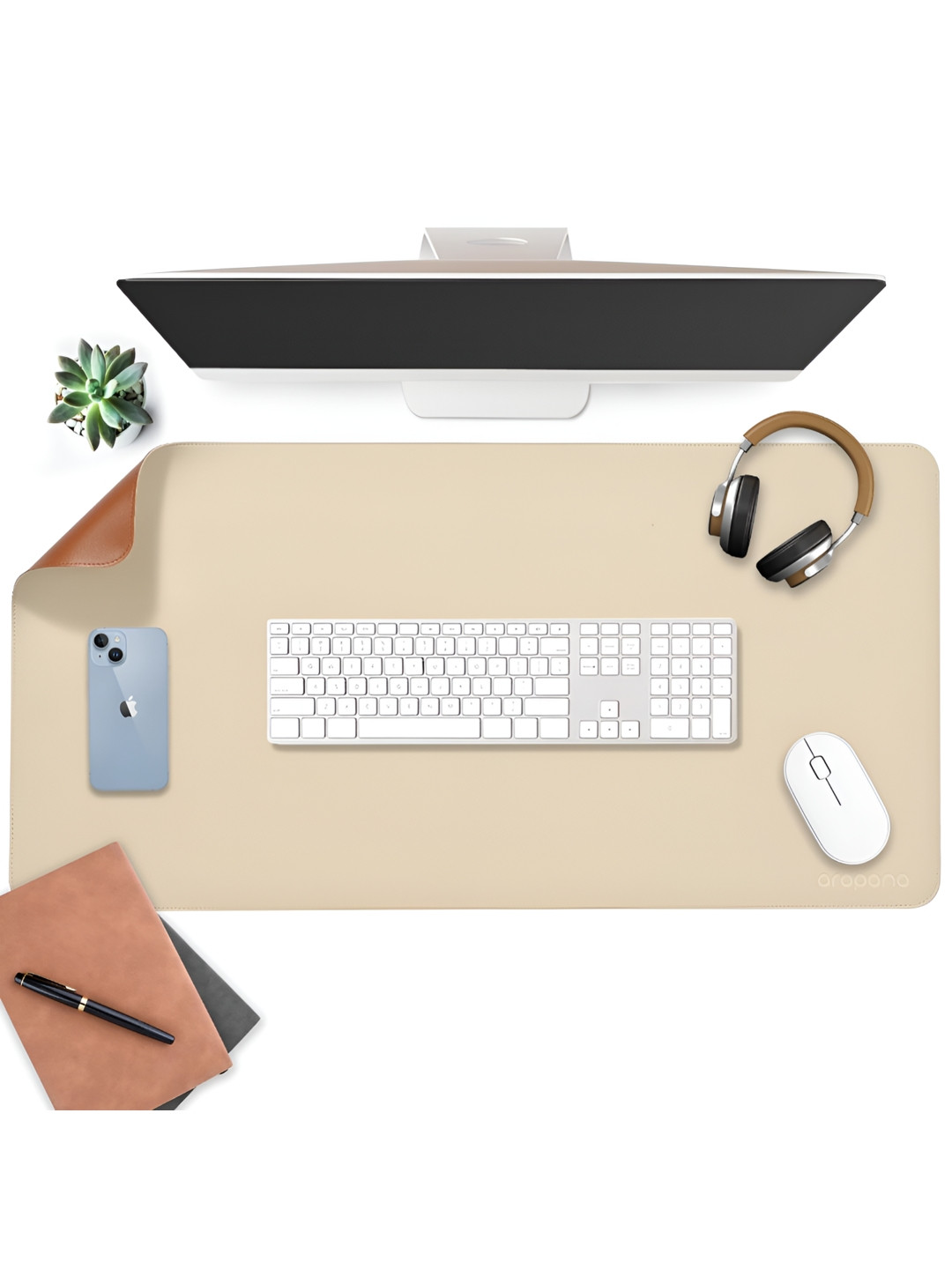 LTETTES dual mats Cream Synthetic Leather Set Of 1 Water Resistant Desk Organiser 35.4 x 17.7 inch