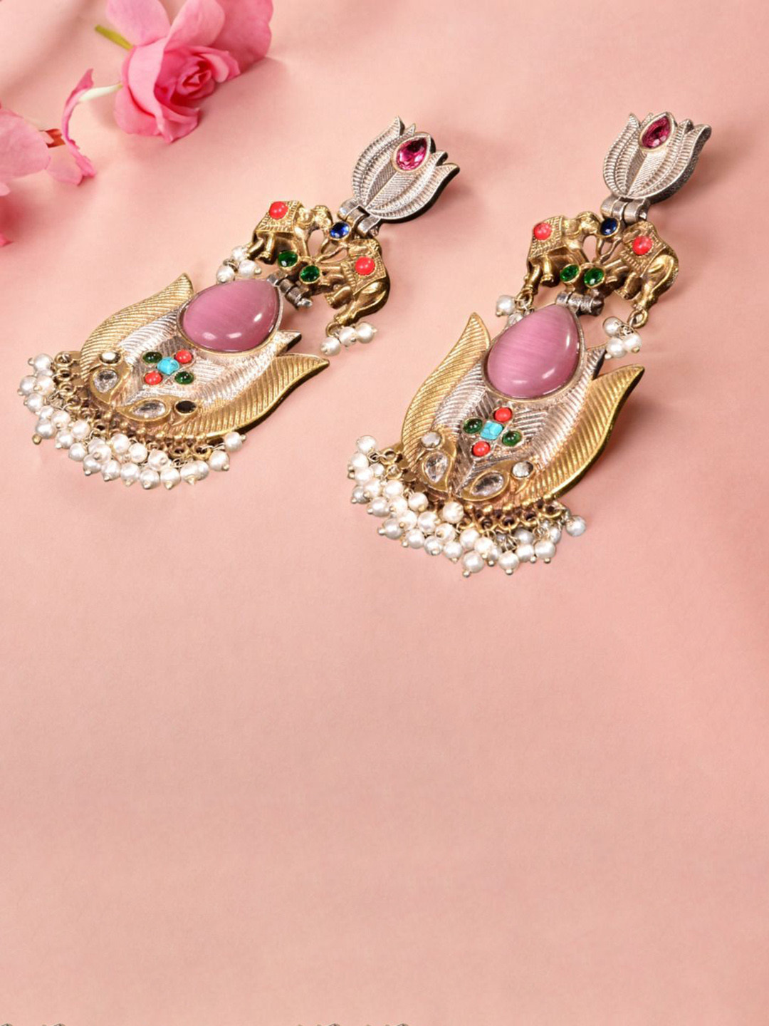 Bucciato Private Limited Gold-Plated Artificial Stones and Beads Floral Drop Earrings