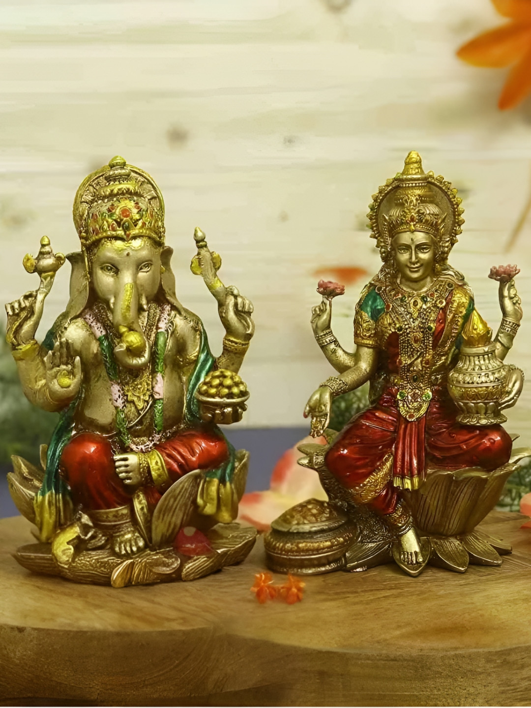 SANKALAN CREATIONS Lamxi Ganesha Gold Polyresin Natural Prayer Room Set of 2 Medium Showpieces - 3.9 Inches