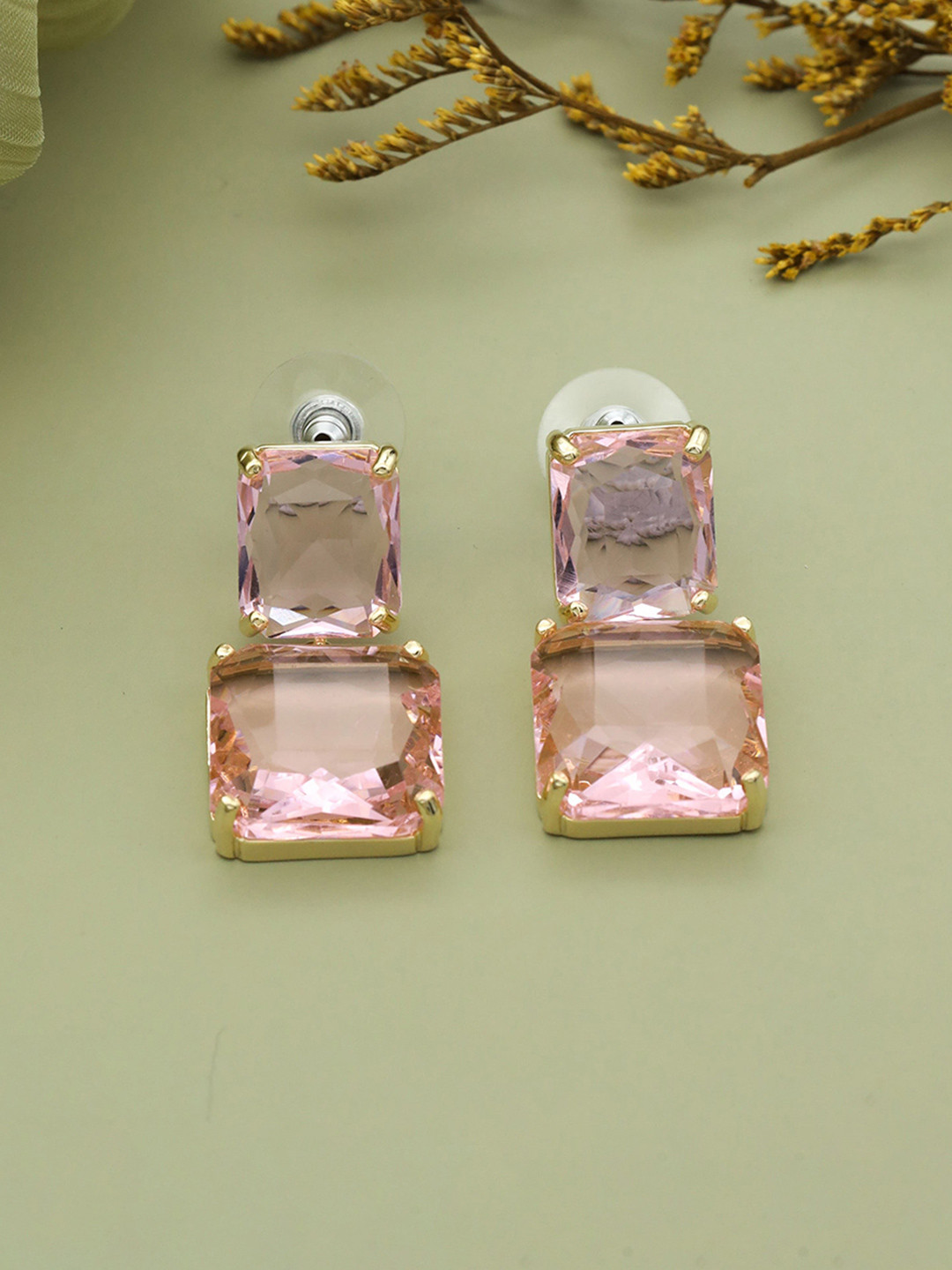 GC Jewelery Gold Plated Artificial Stones Square Shaped Drop Earrings