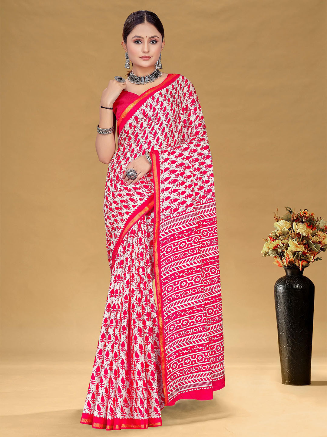 Panzora Floral Printed Zari Pure Cotton Bagru Saree