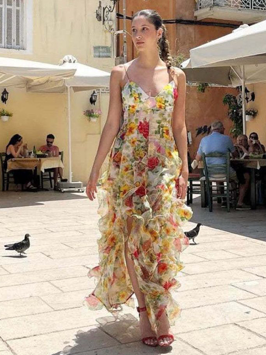 bebe Yellow Floral Print Spaghetti Strap Ruffled Maxi Dress