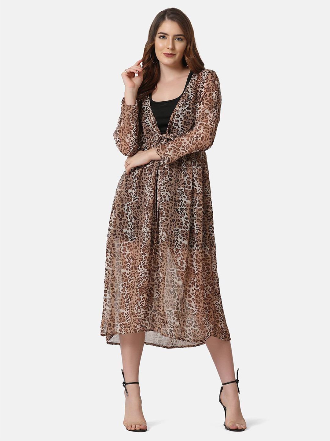 BUY NEW TREND Plus Size Leopard Printed Georgette Longline Shrug