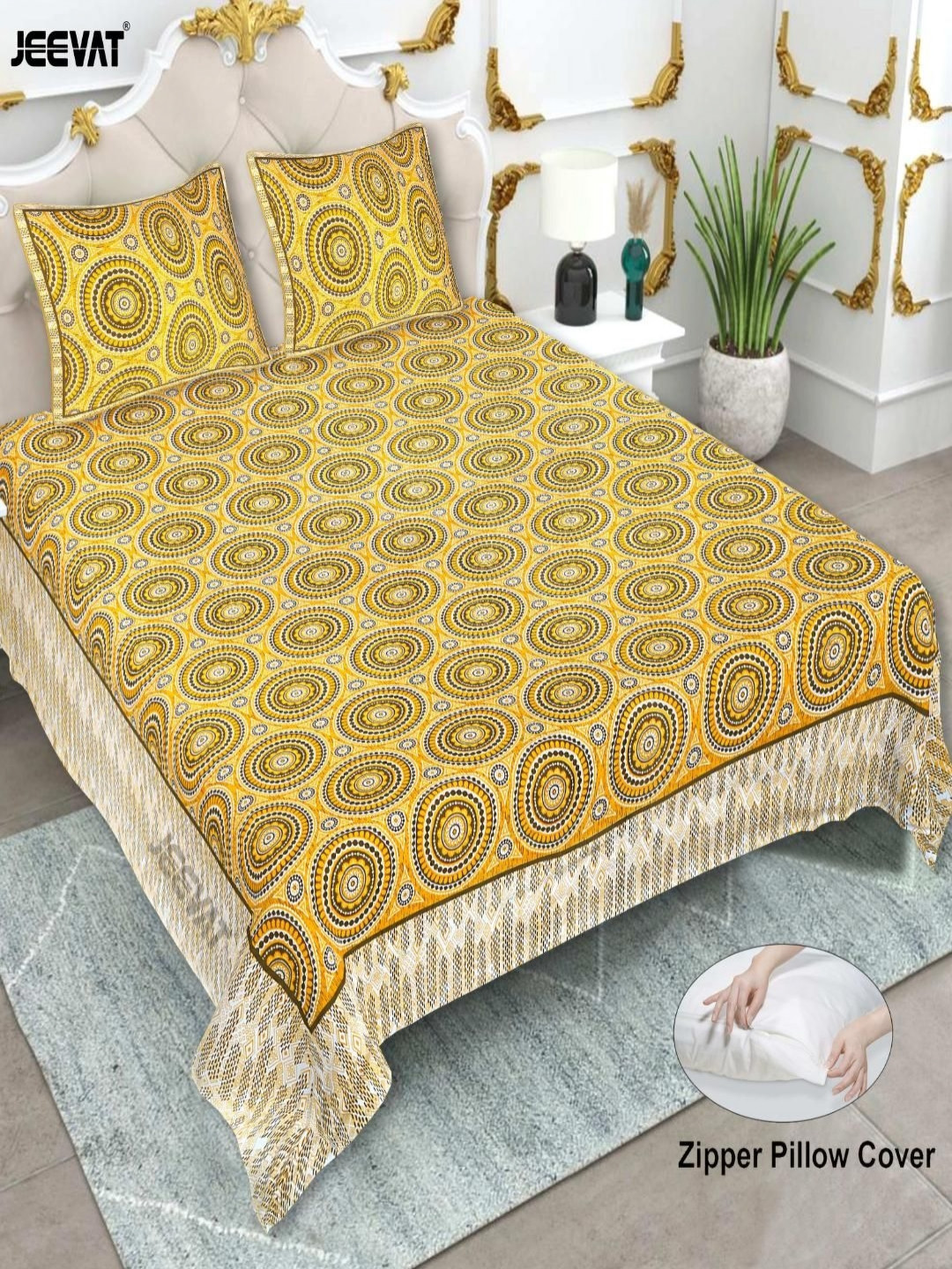 JEEVAT Summer Collection Yellow Floral Cotton Breathable 210 TC King Fine Bedsheet with 2 Pillow Covers-85 x 104 inches