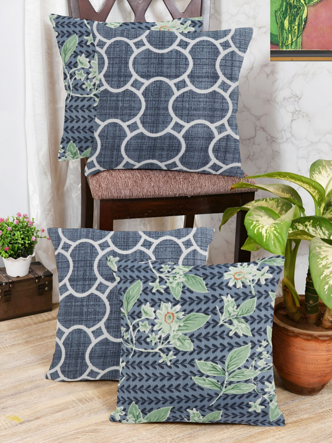 IVAZA Home Stylish Blue Floral Cotton Washable 4 Pcs Cushion Covers - 11.8 x 11.8 Inches