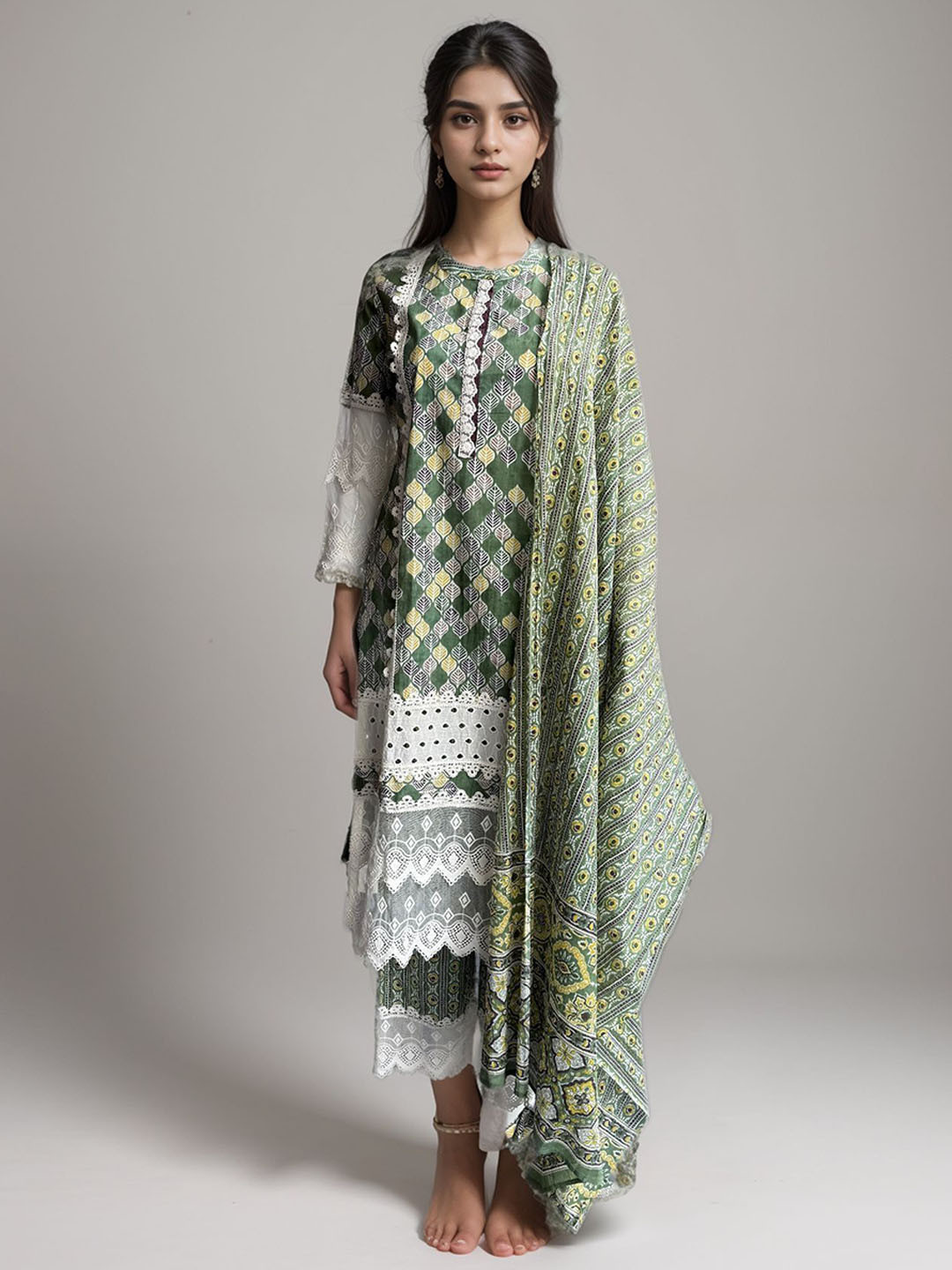 CUSTARD Green Geometric Printed & Lace Cotton Straight Kurta With Trousers & Dupatta Set