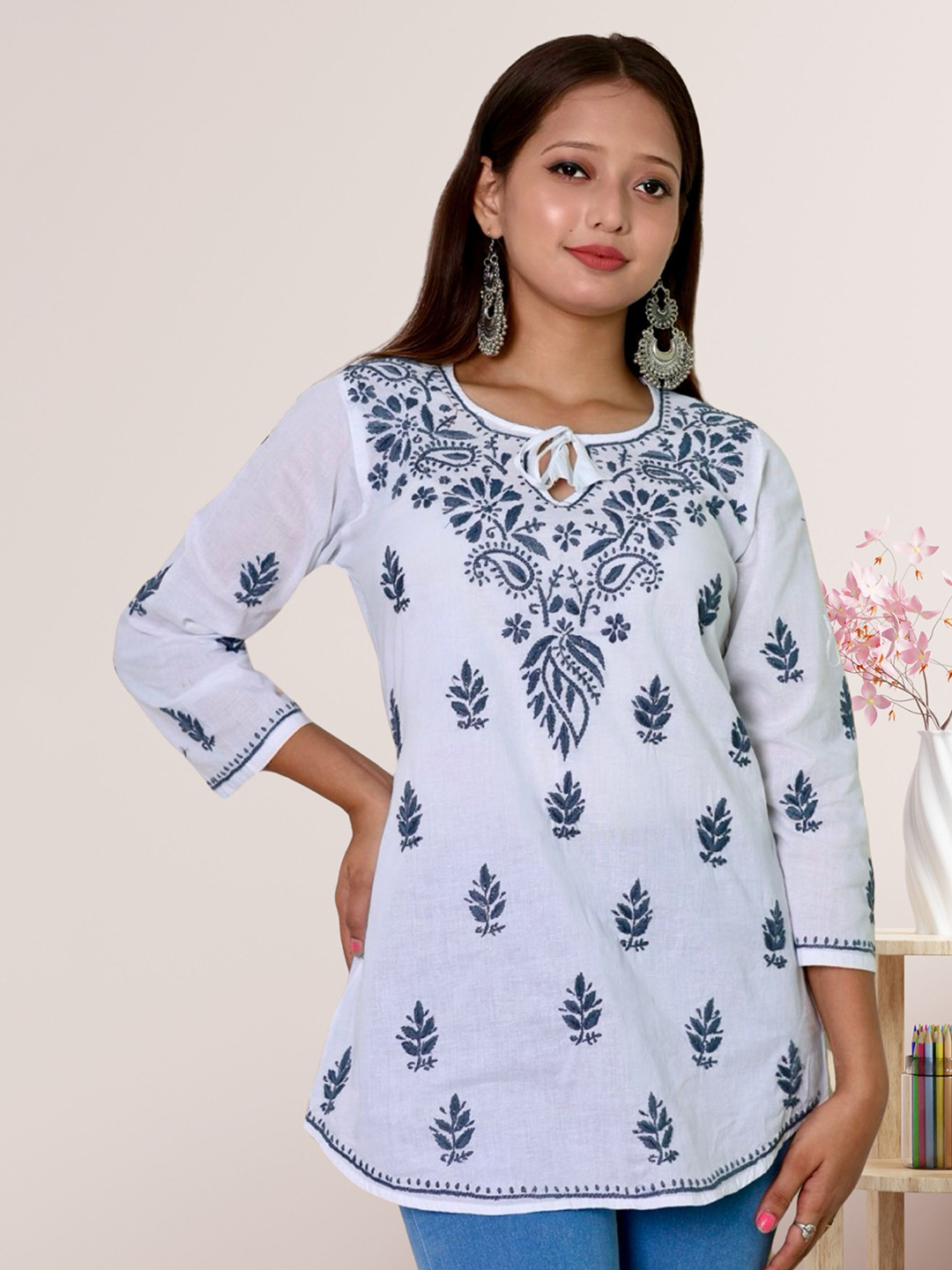myplusfashion Floral Embroidered Lucknowi Chikankari Short Kurti