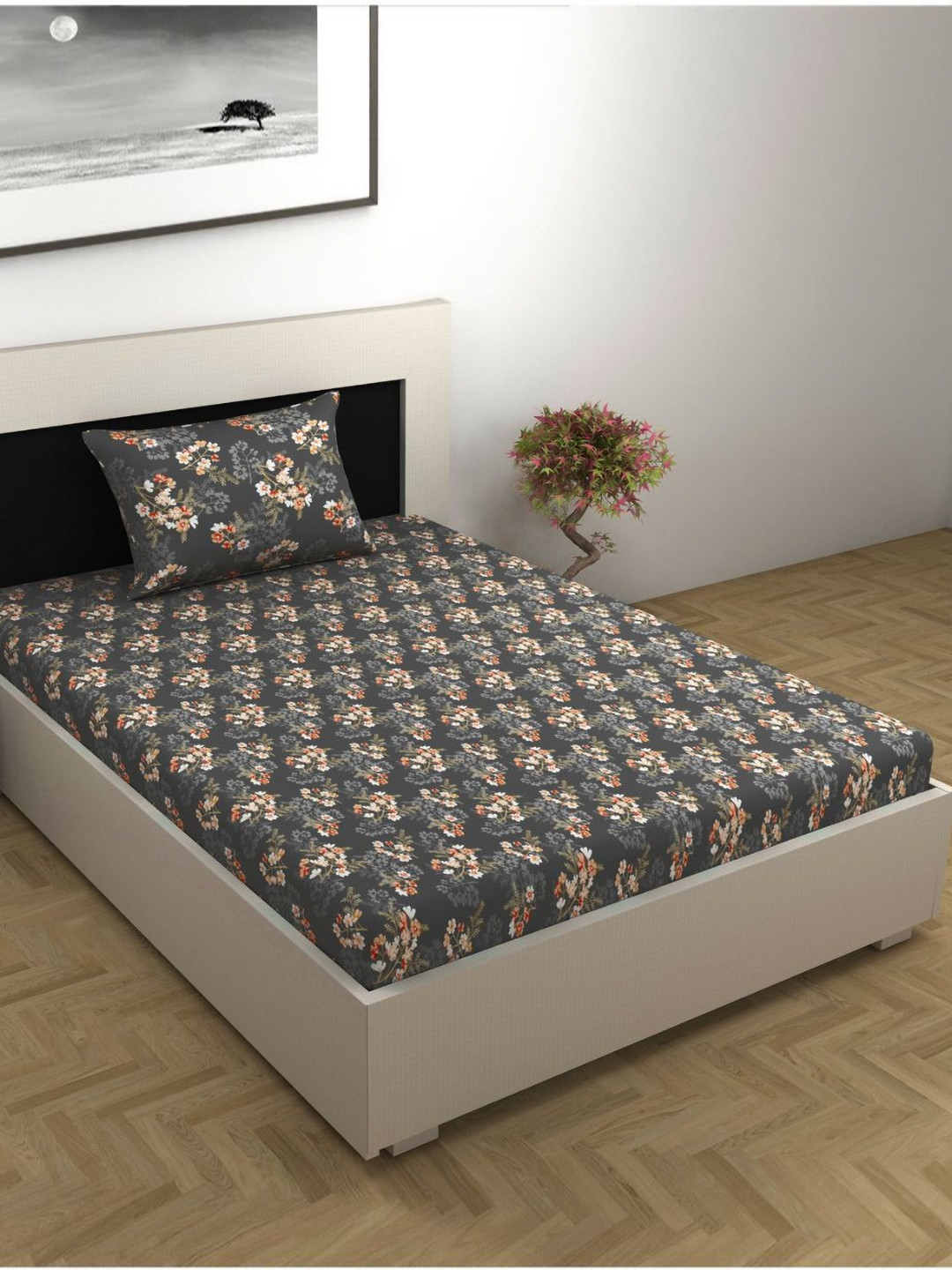 Divine Casa Charcoal & White Floral 144 TC Single Bedsheet with 1 Pillow Covers