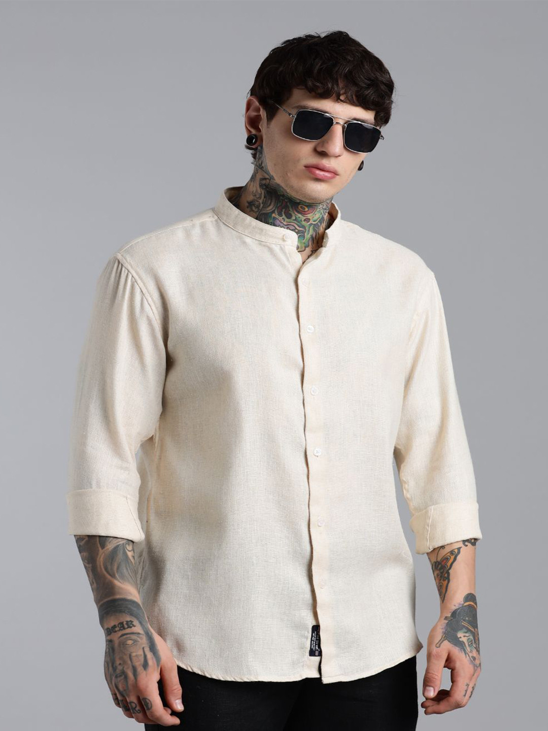 PAUL STREET Band Collar Sharp Tailored Fit Linen Shirt
