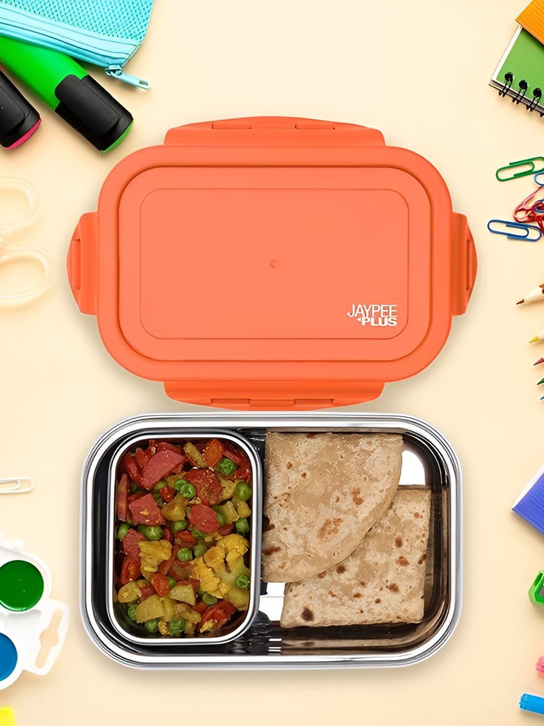 JAYPEE PLUS BUDDYS Orange Solid Plastic Rust Proof 1PCs Lunch Box With Spoon and Fork