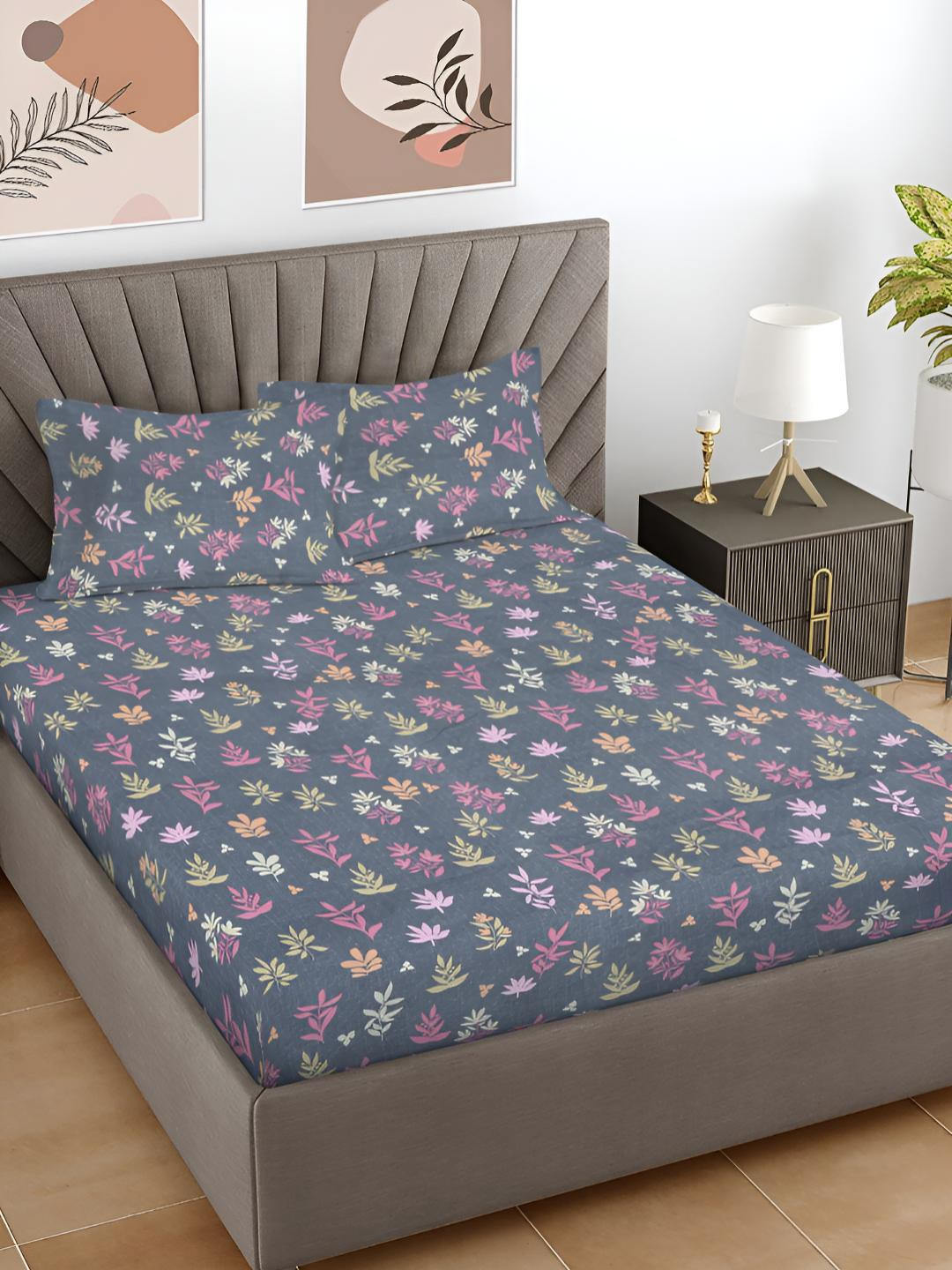 Myntra Elegant Homes Grey Leaf Polycotton 300 TC King Fine Bedsheet with 2 Pillow Covers-98 x 89 inches