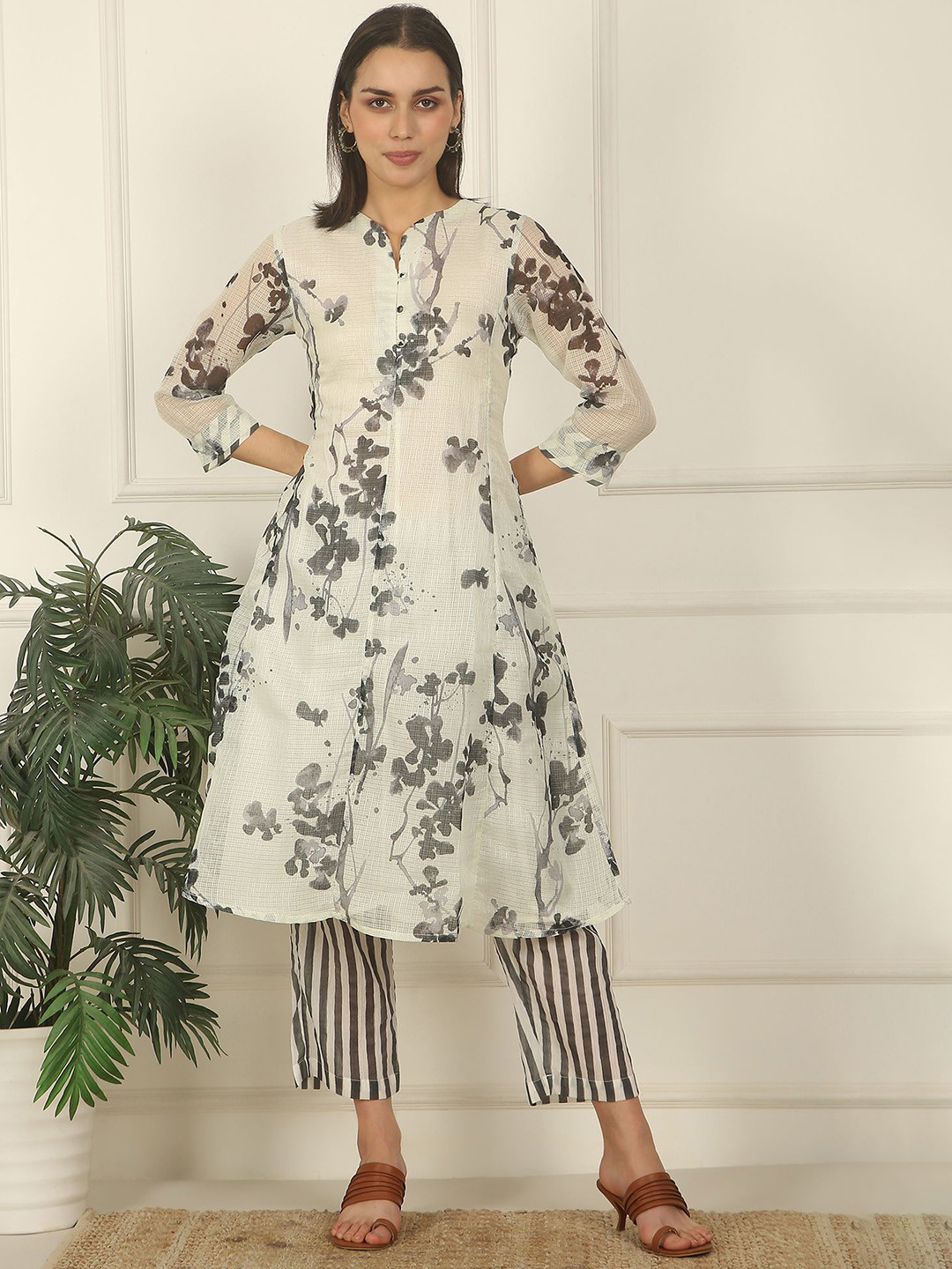W Women Floral Printed Empire A-line Knee Length Kurta with Trousers