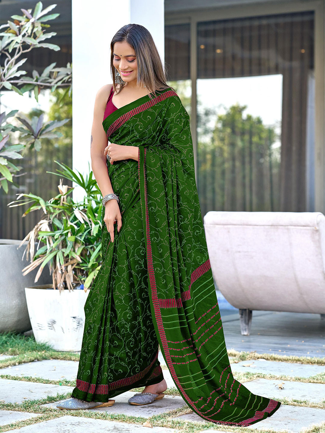KALINI Floral Block Printed 1-Minute Ready to Wear Mulmul Cotton Saree With Blouse