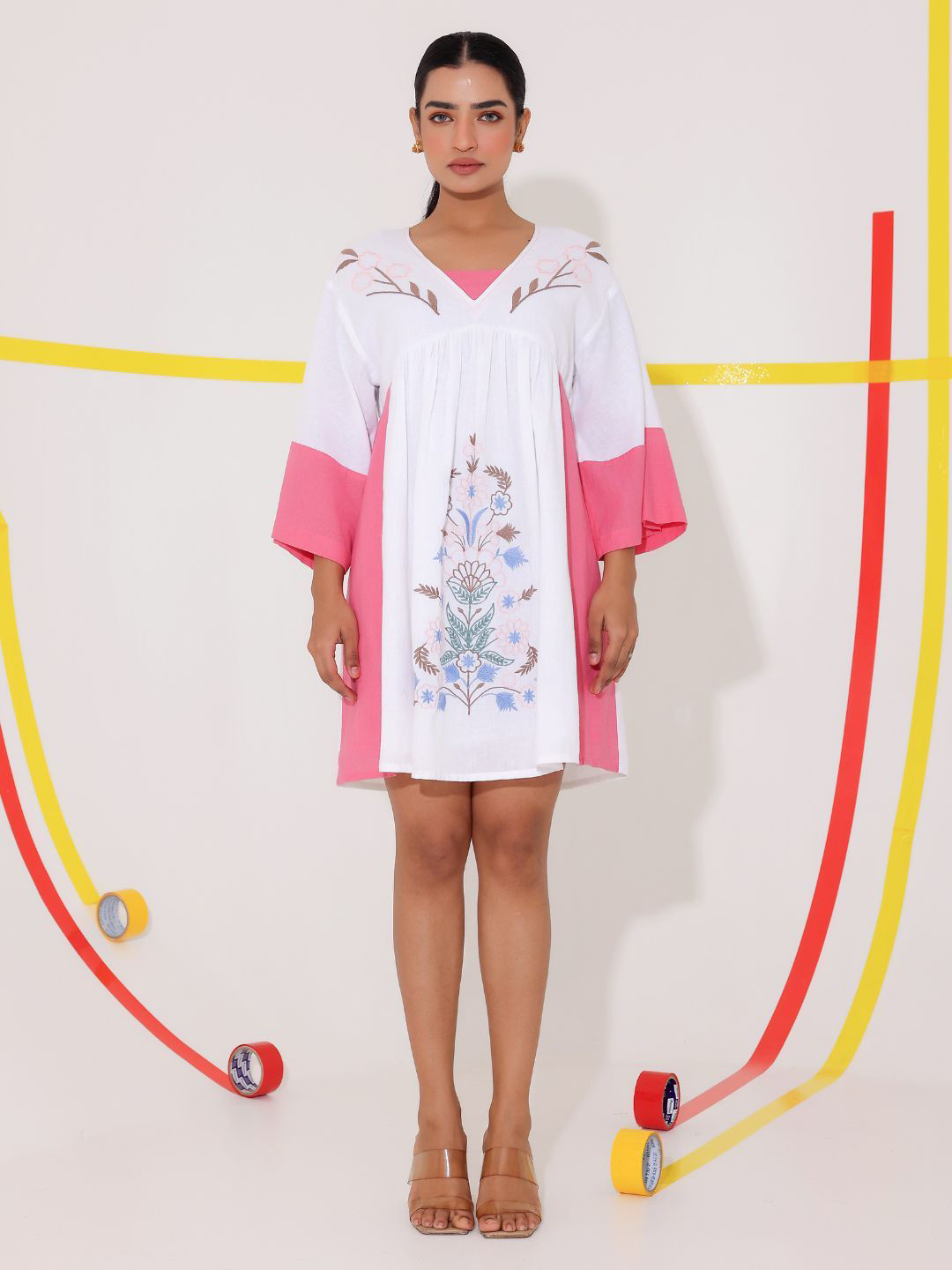 Zolo Label Women Floral Embroidered A-Line Open Sleeves Flare Mini Dress