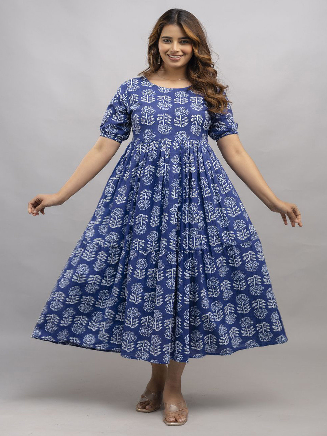 Malia Women Floral Printed Cotton Fit & Flare Midi Dress