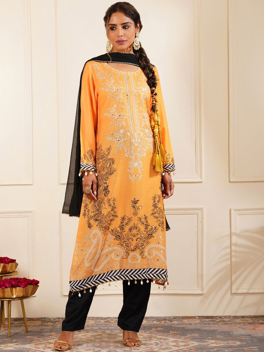 Shop Begum Floral Printed Pure Cotton Round Neck Straight Kurta With Trousers & Dupatta